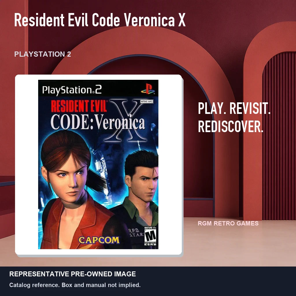 Representative pre-owned Resident Evil Code Veronica X (PlayStation 2), red retro product layout.