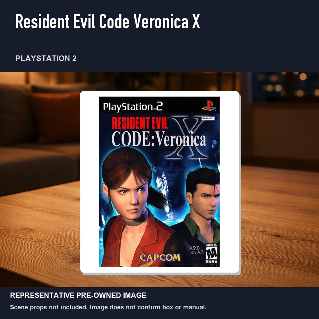 Representative pre-owned Resident Evil Code Veronica X (PlayStation 2), product image in a styled room scene.