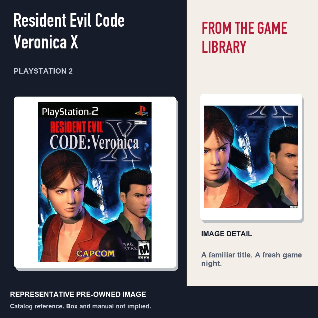 Representative pre-owned Resident Evil Code Veronica X (PlayStation 2), editorial image and detail.