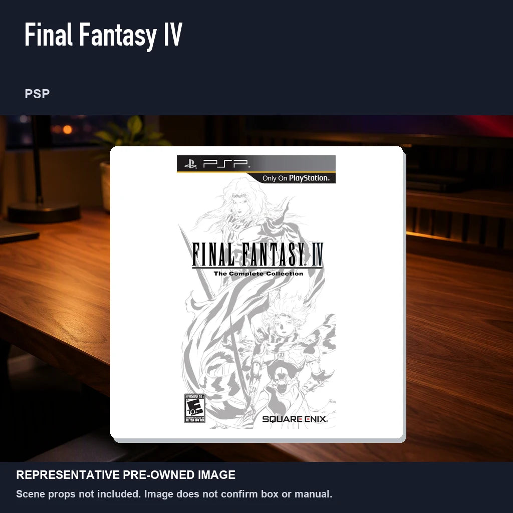 Representative pre-owned Final Fantasy IV (PSP), product image in a styled desk scene.