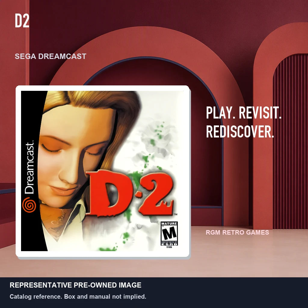 Representative pre-owned D2 (Sega Dreamcast), red retro product layout.