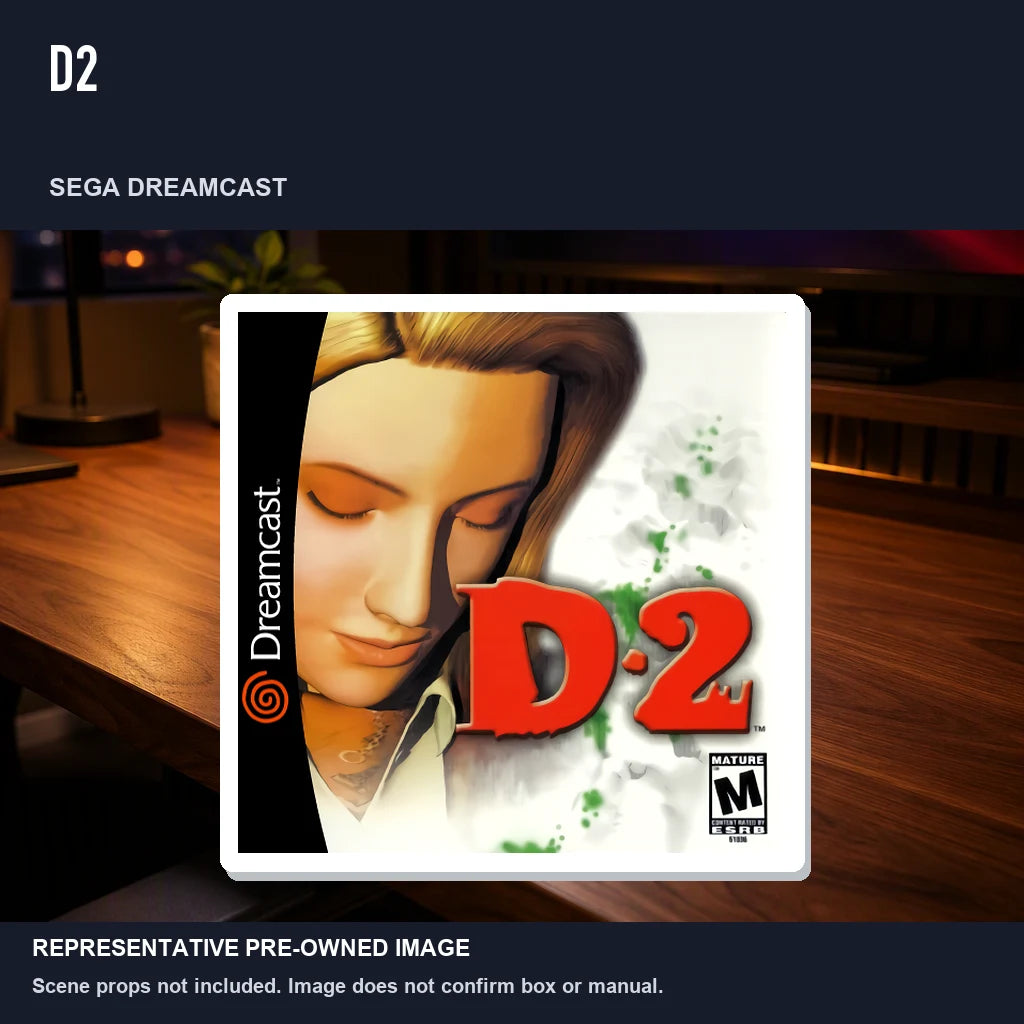 Representative pre-owned D2 (Sega Dreamcast), product image in a styled desk scene.