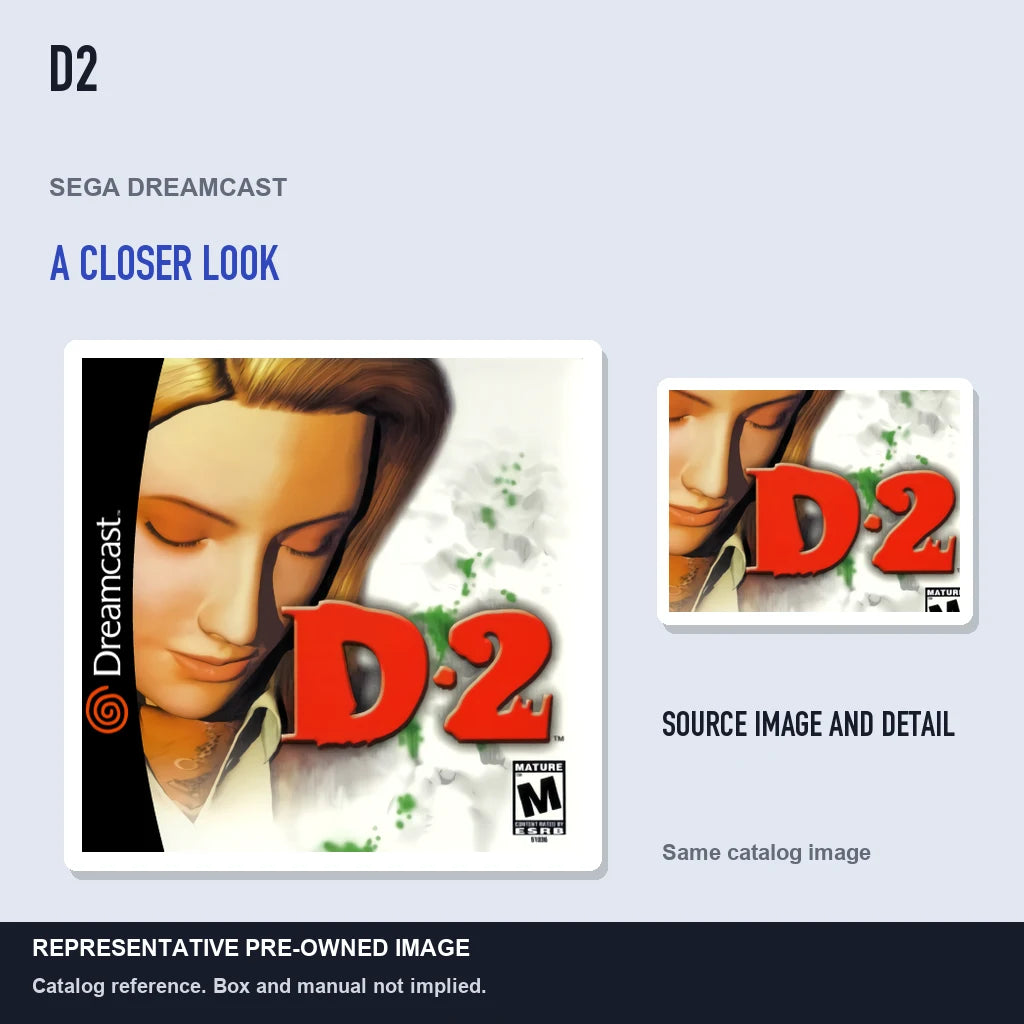 Representative pre-owned D2 (Sega Dreamcast), full image with detail inset.