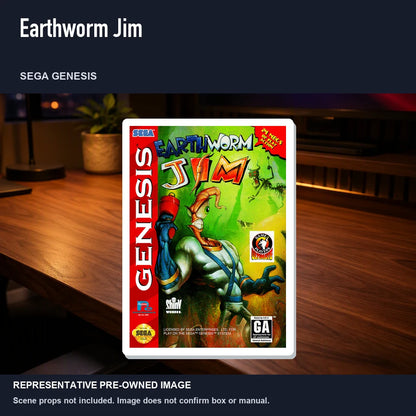 Representative pre-owned Earthworm Jim (Sega Genesis), product image in a styled desk scene.