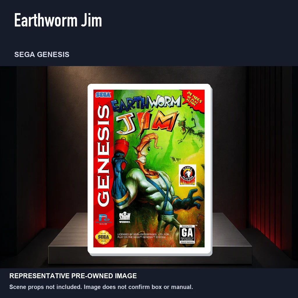 Representative pre-owned Earthworm Jim (Sega Genesis), product image on a display panel.