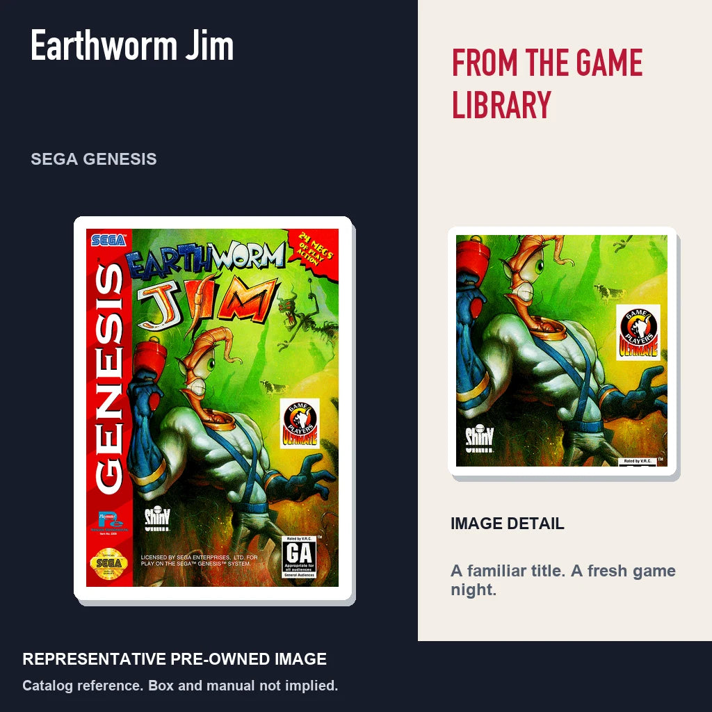 Representative pre-owned Earthworm Jim (Sega Genesis), editorial image and detail.