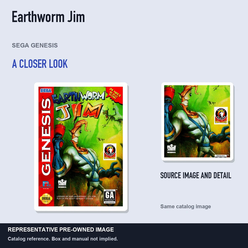 Representative pre-owned Earthworm Jim (Sega Genesis), full image with detail inset.