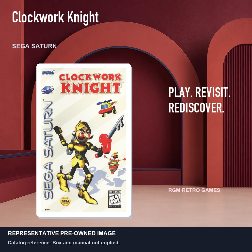 Representative pre-owned Clockwork Knight (Sega Saturn), red retro product layout.