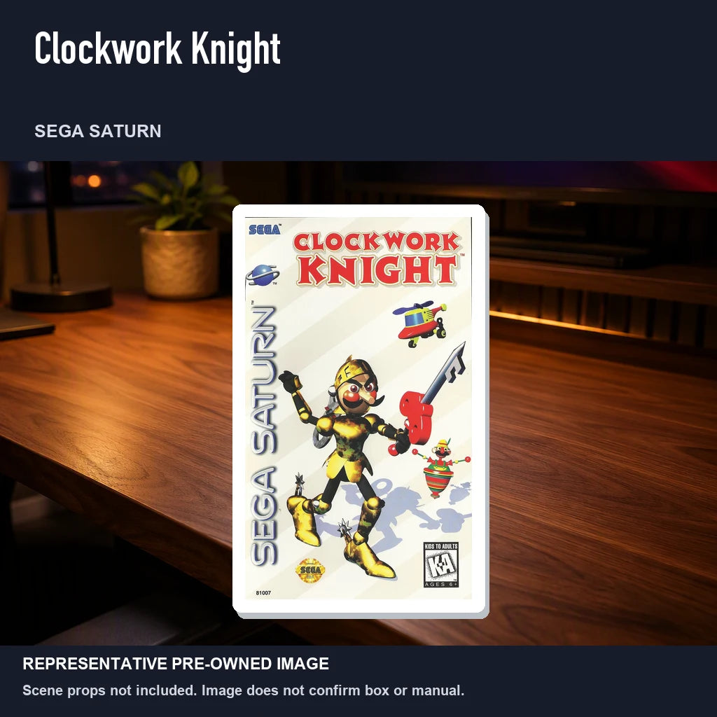 Representative pre-owned Clockwork Knight (Sega Saturn), product image in a styled desk scene.