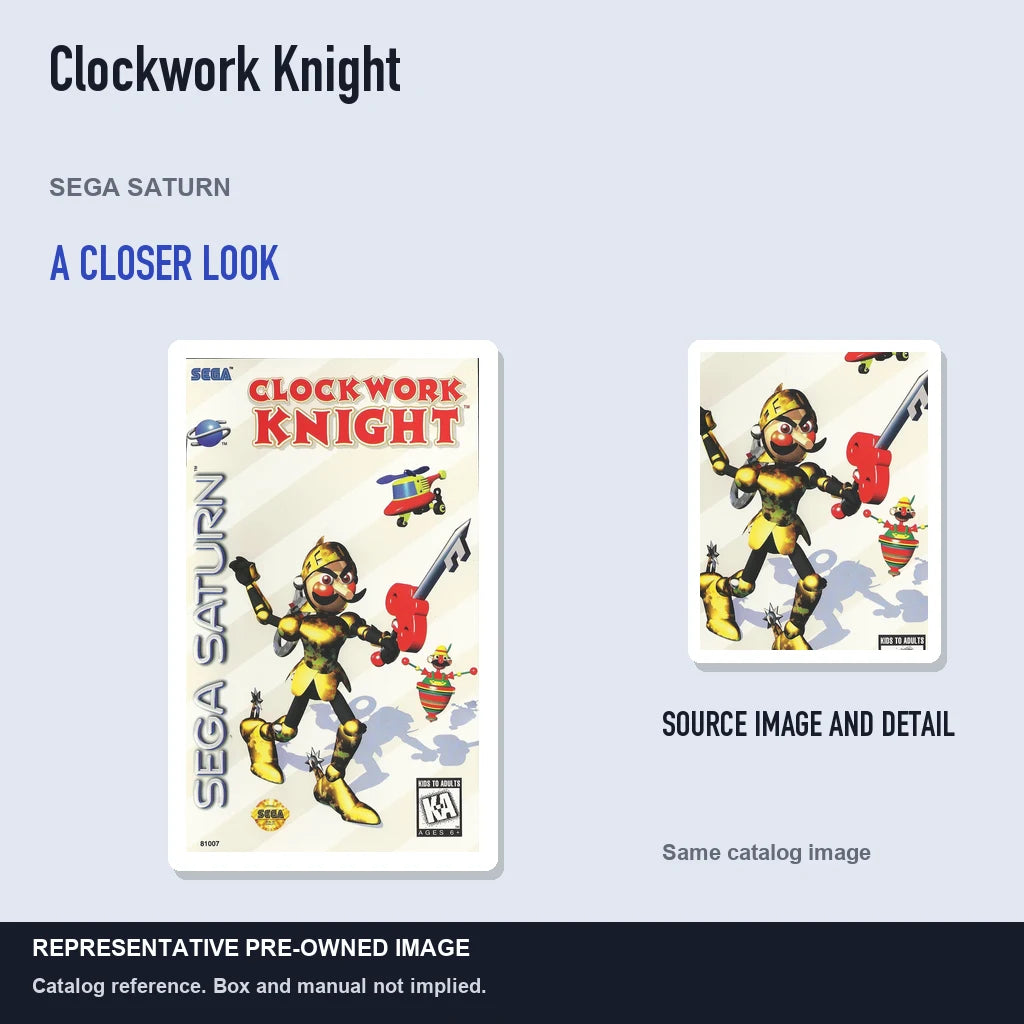 Representative pre-owned Clockwork Knight (Sega Saturn), full image with detail inset.
