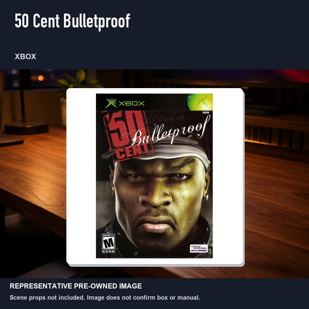Representative pre-owned 50 Cent Bulletproof (Xbox), product image in a styled desk scene.