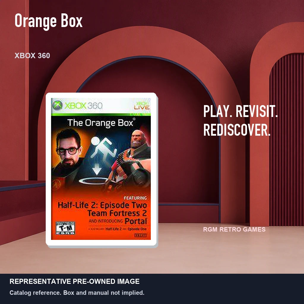 Representative pre-owned Orange Box (Xbox 360), red retro product layout.