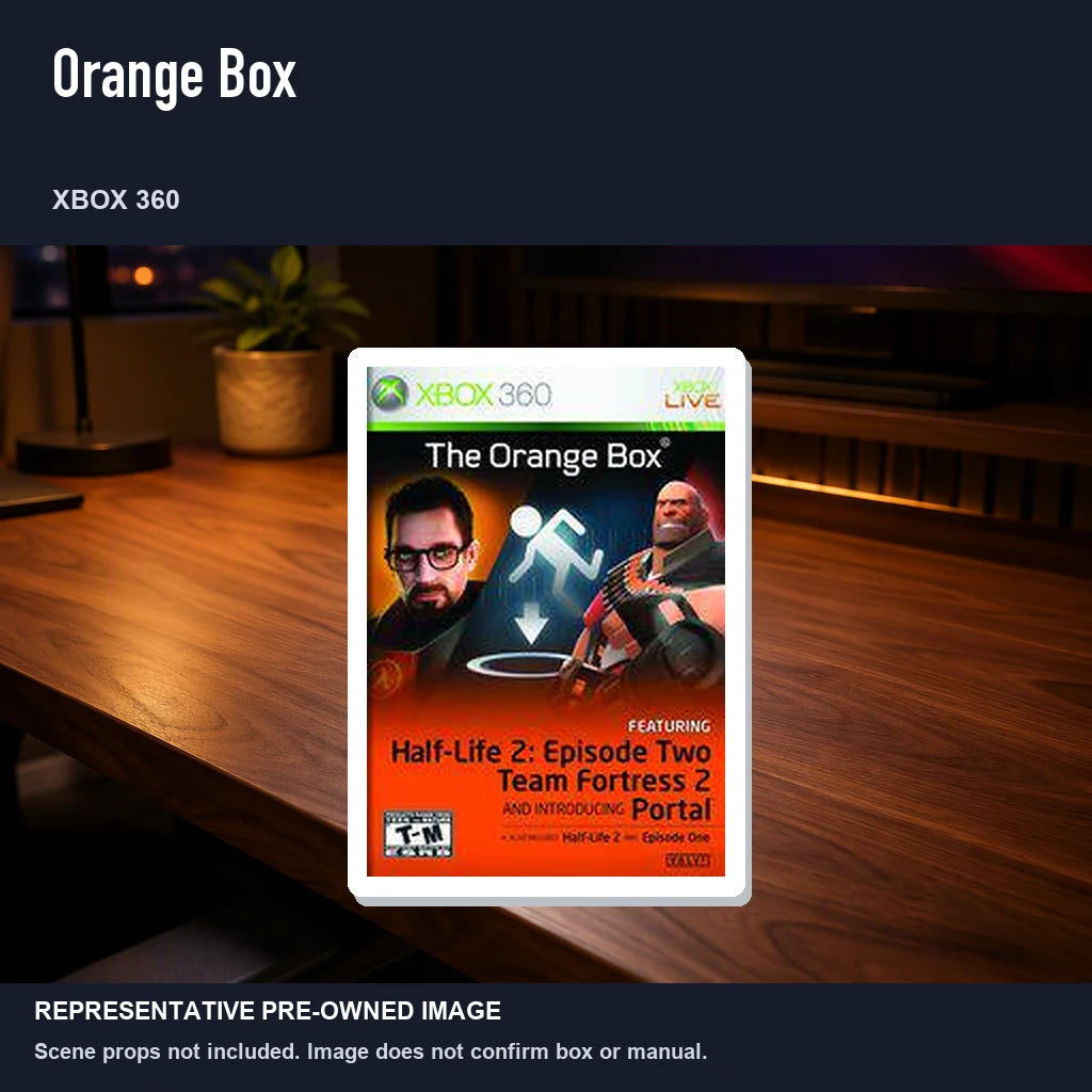 Representative pre-owned Orange Box (Xbox 360), product image in a styled desk scene.