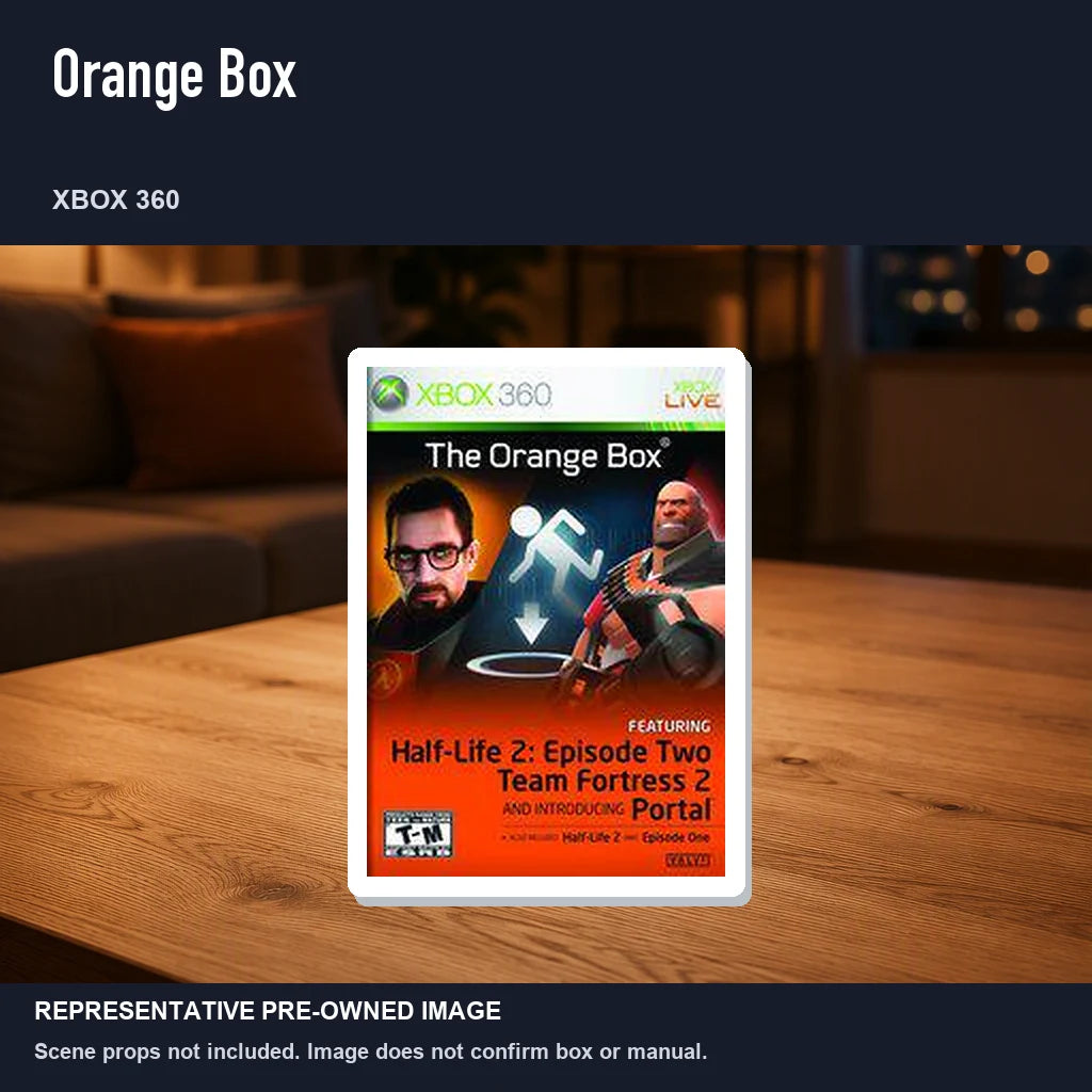 Representative pre-owned Orange Box (Xbox 360), product image in a styled room scene.