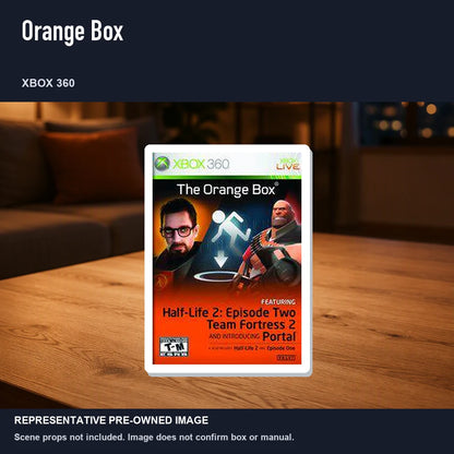 Representative pre-owned Orange Box (Xbox 360), product image in a styled room scene.