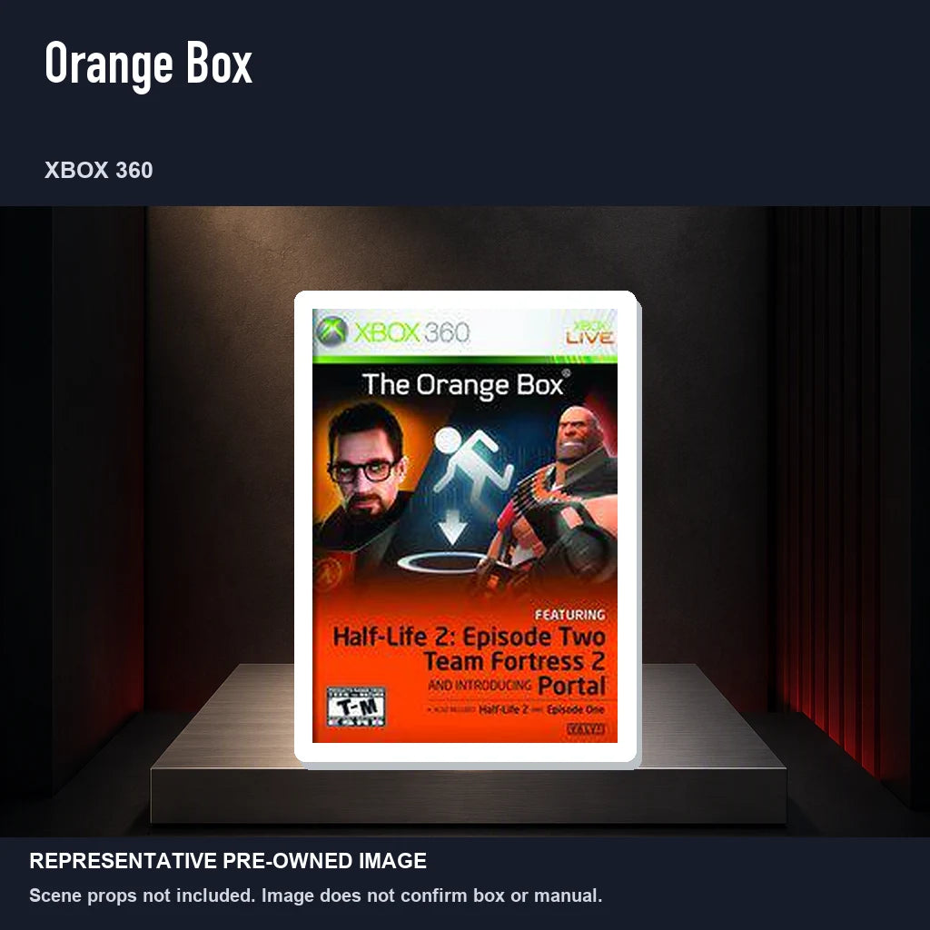 Representative pre-owned Orange Box (Xbox 360), product image on a display panel.