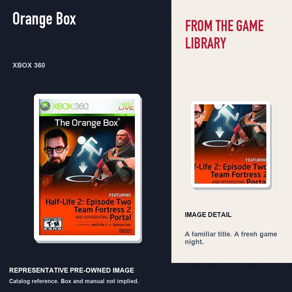 Representative pre-owned Orange Box (Xbox 360), editorial image and detail.