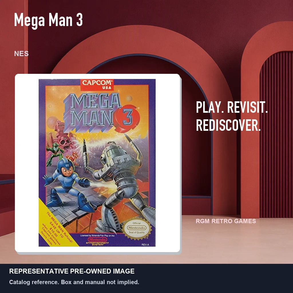 Representative pre-owned Mega Man 3 (NES), red retro product layout.