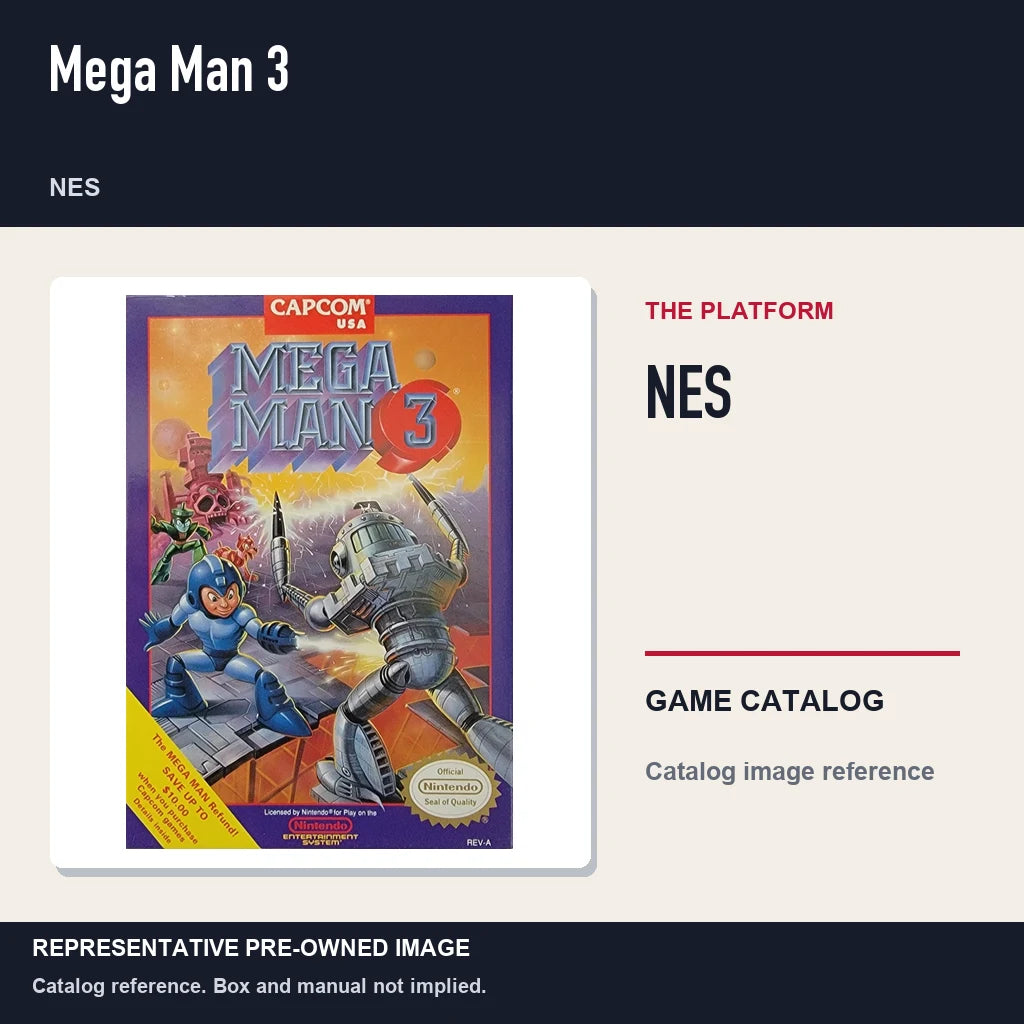 Representative pre-owned Mega Man 3 (NES), platform product layout.