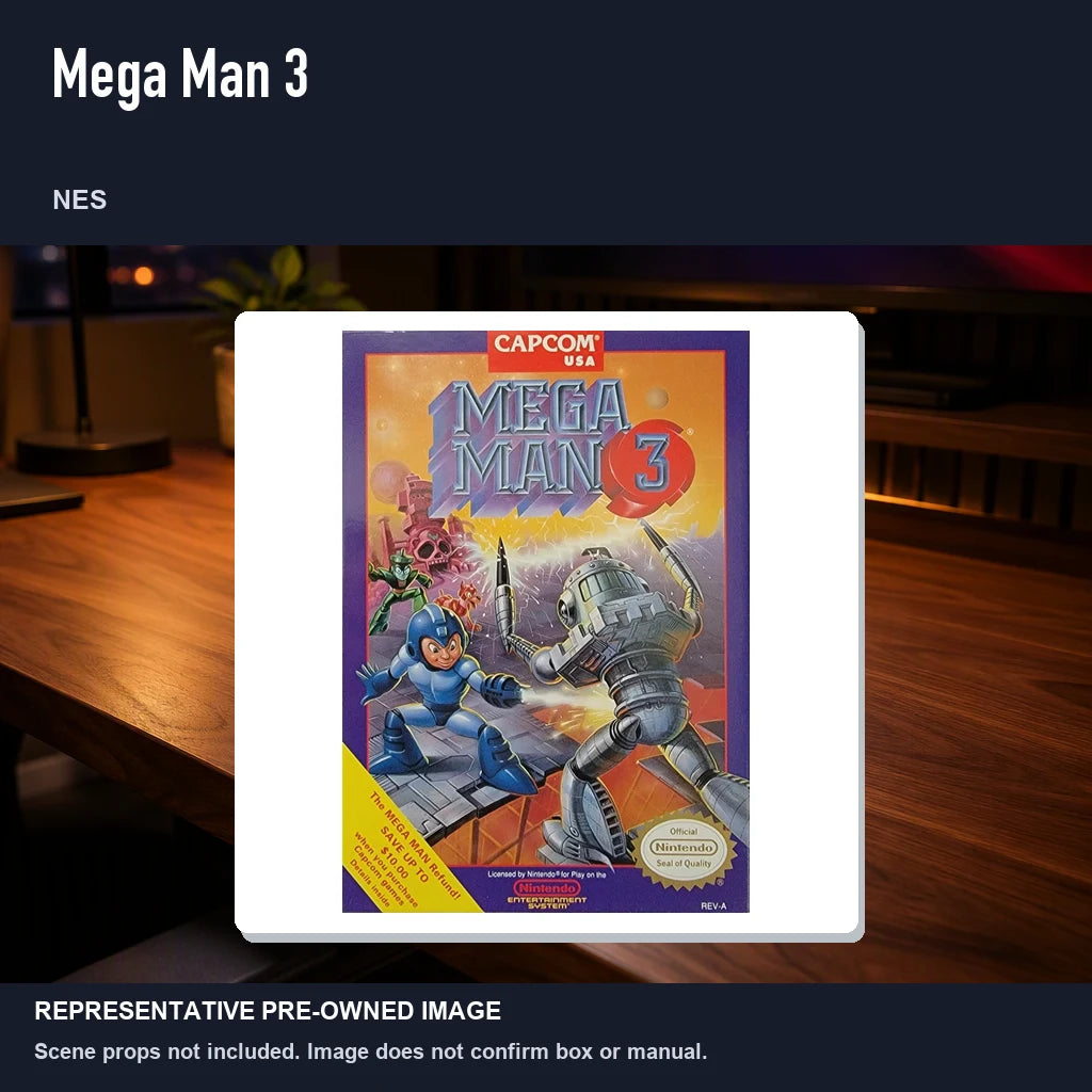Representative pre-owned Mega Man 3 (NES), product image in a styled desk scene.