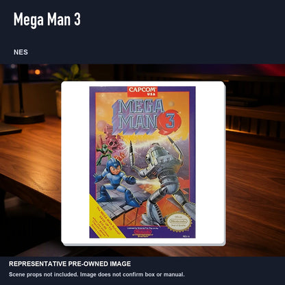 Representative pre-owned Mega Man 3 (NES), product image in a styled desk scene.
