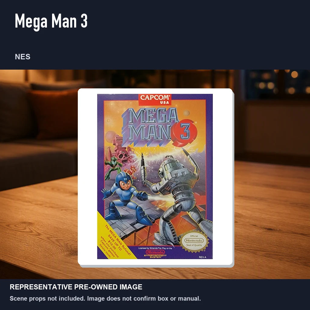 Representative pre-owned Mega Man 3 (NES), product image in a styled room scene.