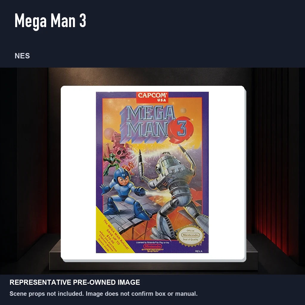 Representative pre-owned Mega Man 3 (NES), product image on a display panel.