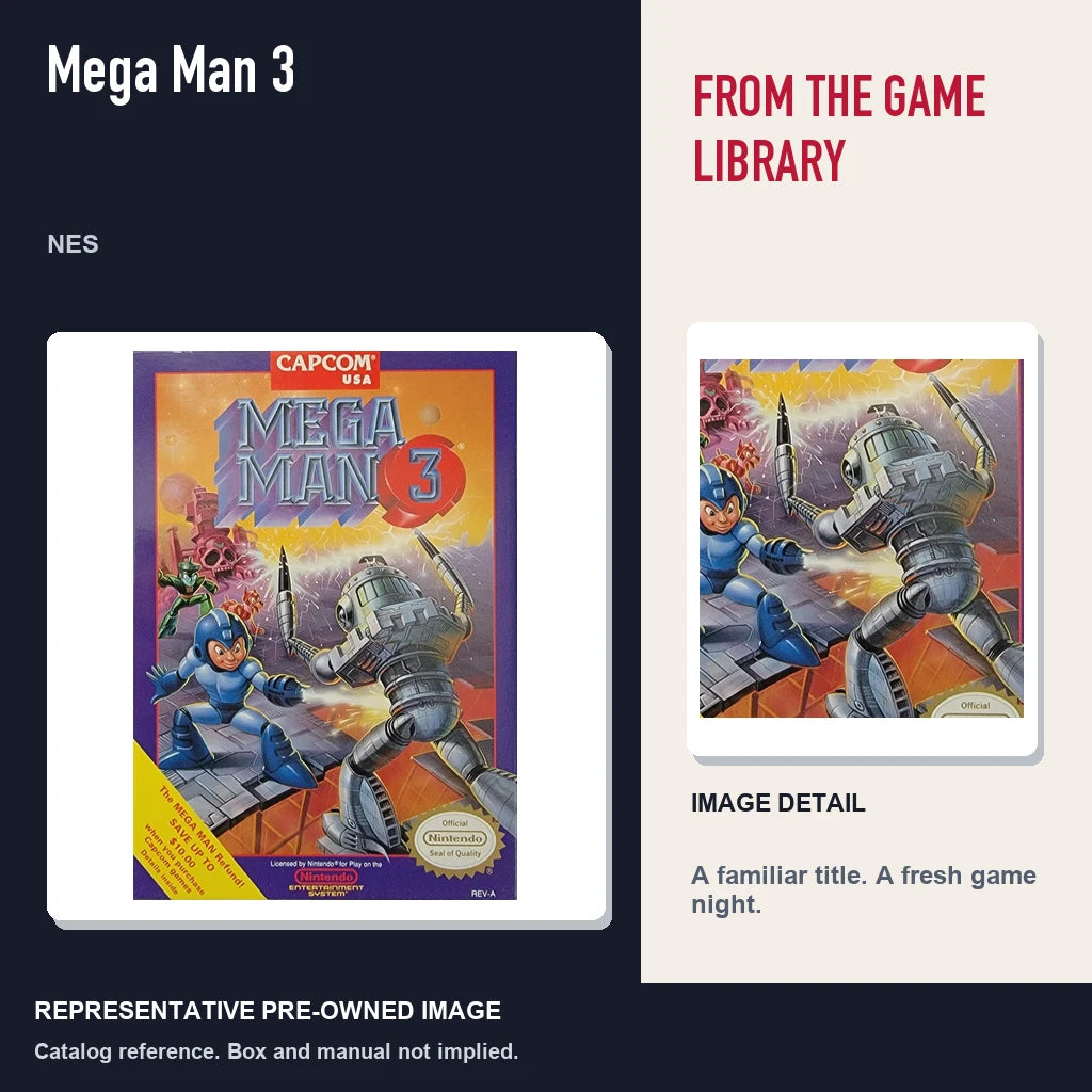 Representative pre-owned Mega Man 3 (NES), editorial image and detail.