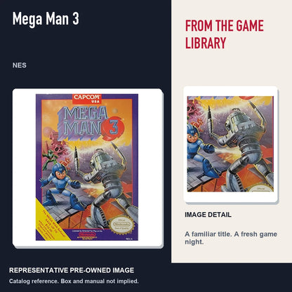Representative pre-owned Mega Man 3 (NES), editorial image and detail.