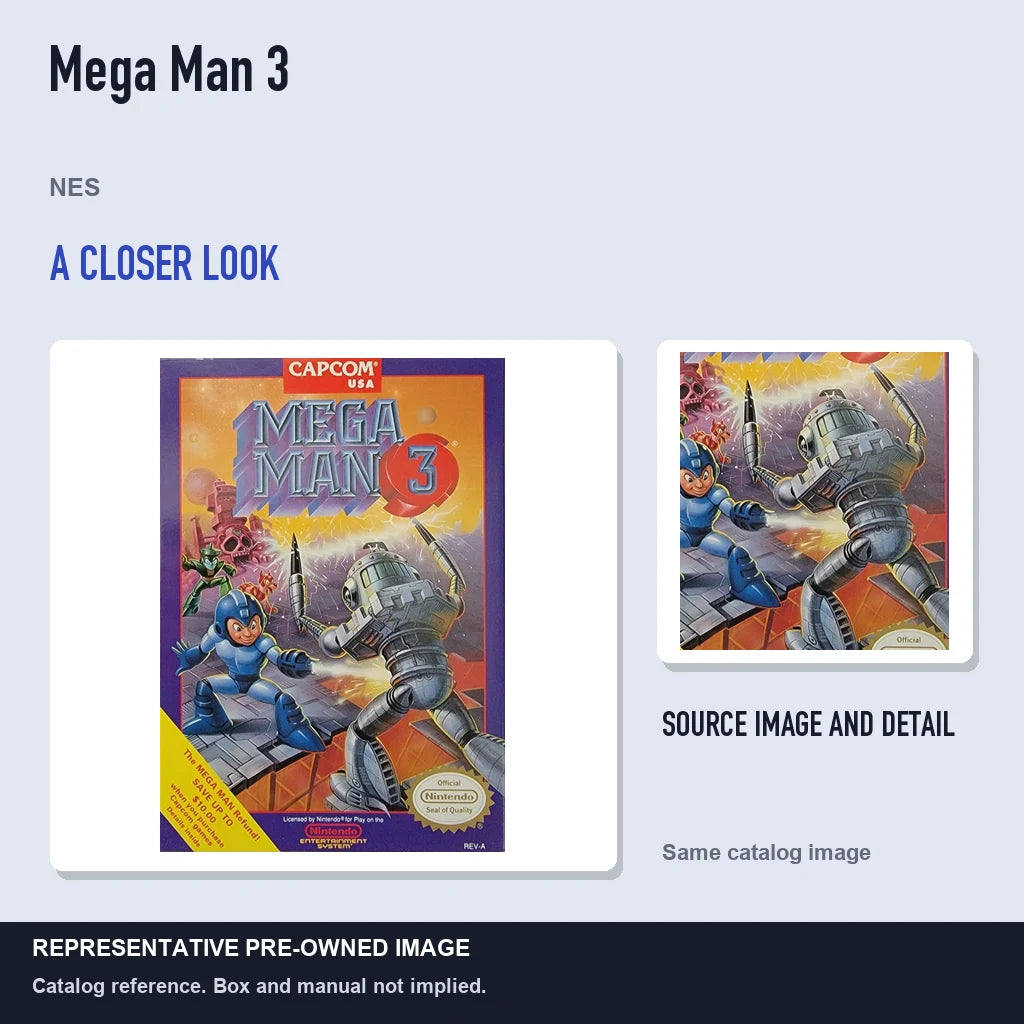 Representative pre-owned Mega Man 3 (NES), full image with detail inset.