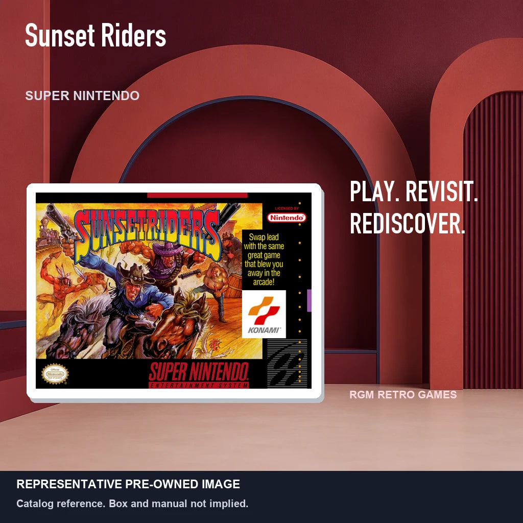 Representative pre-owned Sunset Riders (Super Nintendo), red retro product layout.