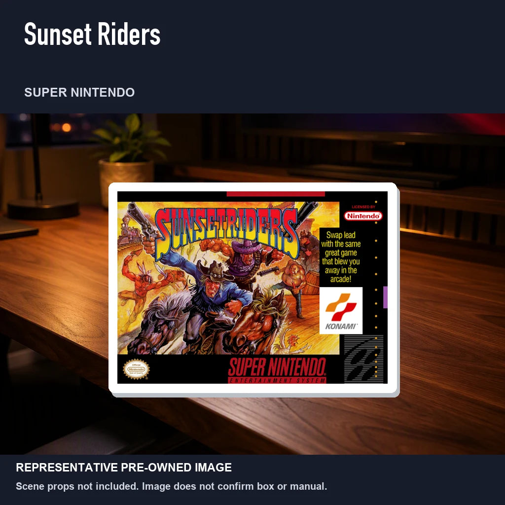 Representative pre-owned Sunset Riders (Super Nintendo), product image in a styled desk scene.