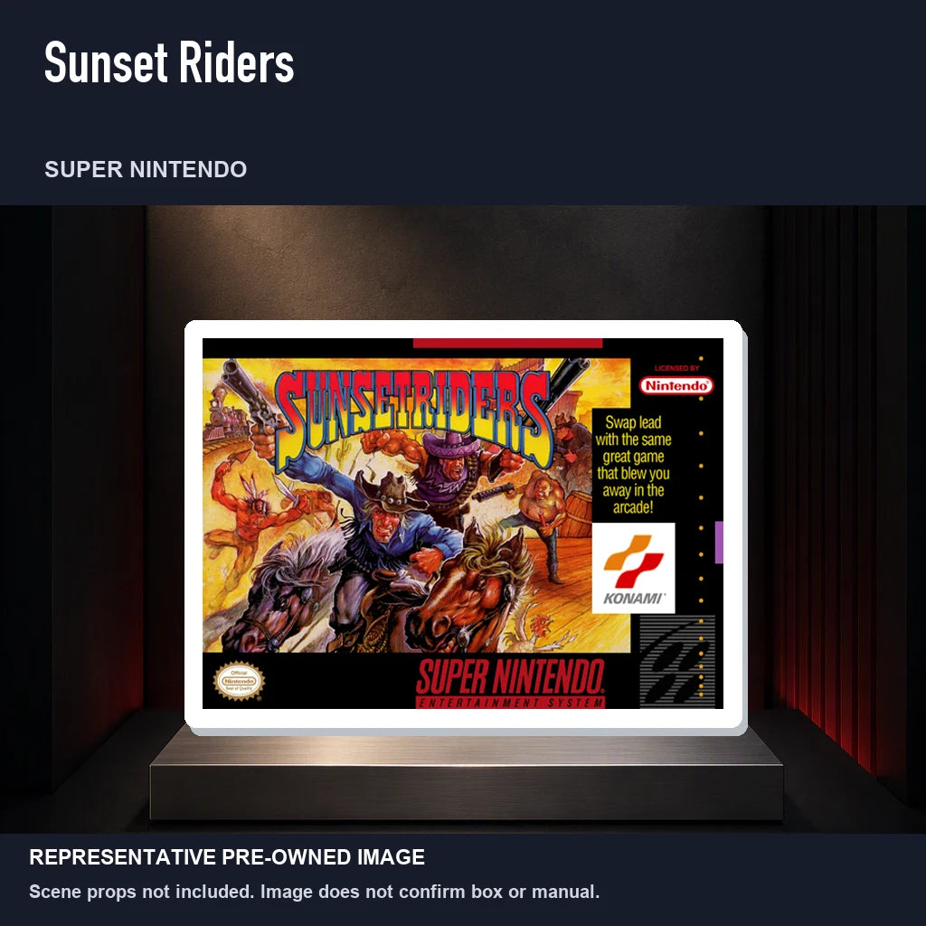 Representative pre-owned Sunset Riders (Super Nintendo), product image on a display panel.