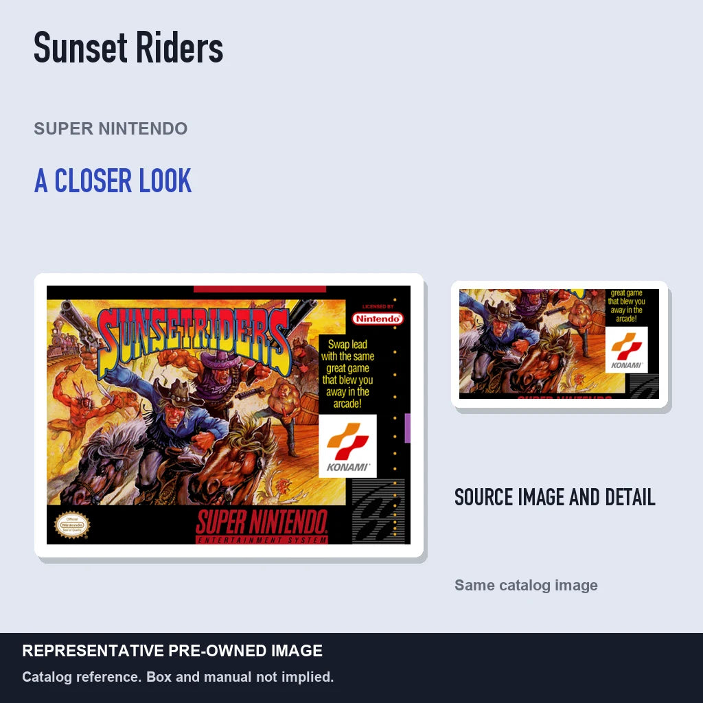 Representative pre-owned Sunset Riders (Super Nintendo), full image with detail inset.