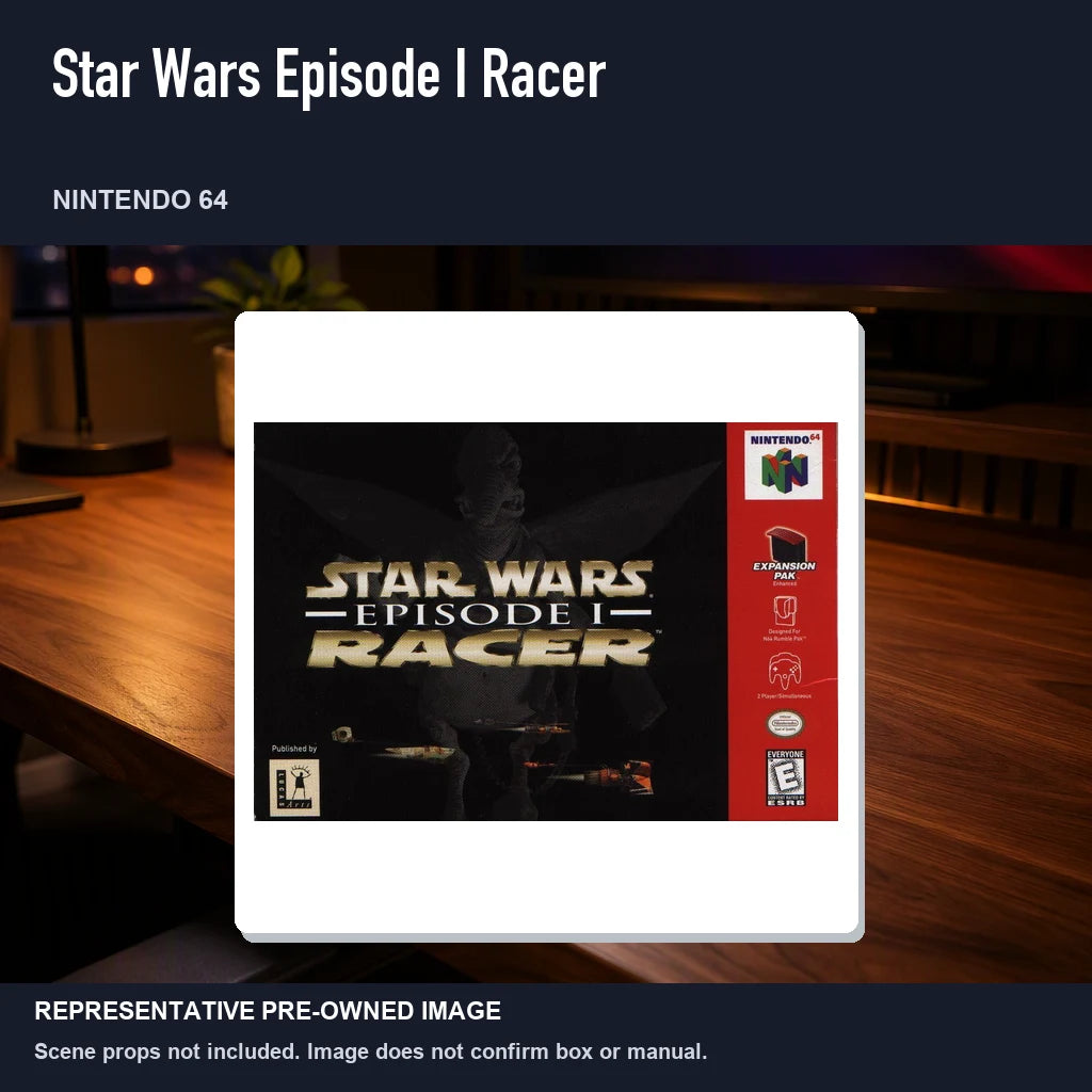Representative pre-owned Star Wars Episode I Racer (Nintendo 64), product image in a styled desk scene.
