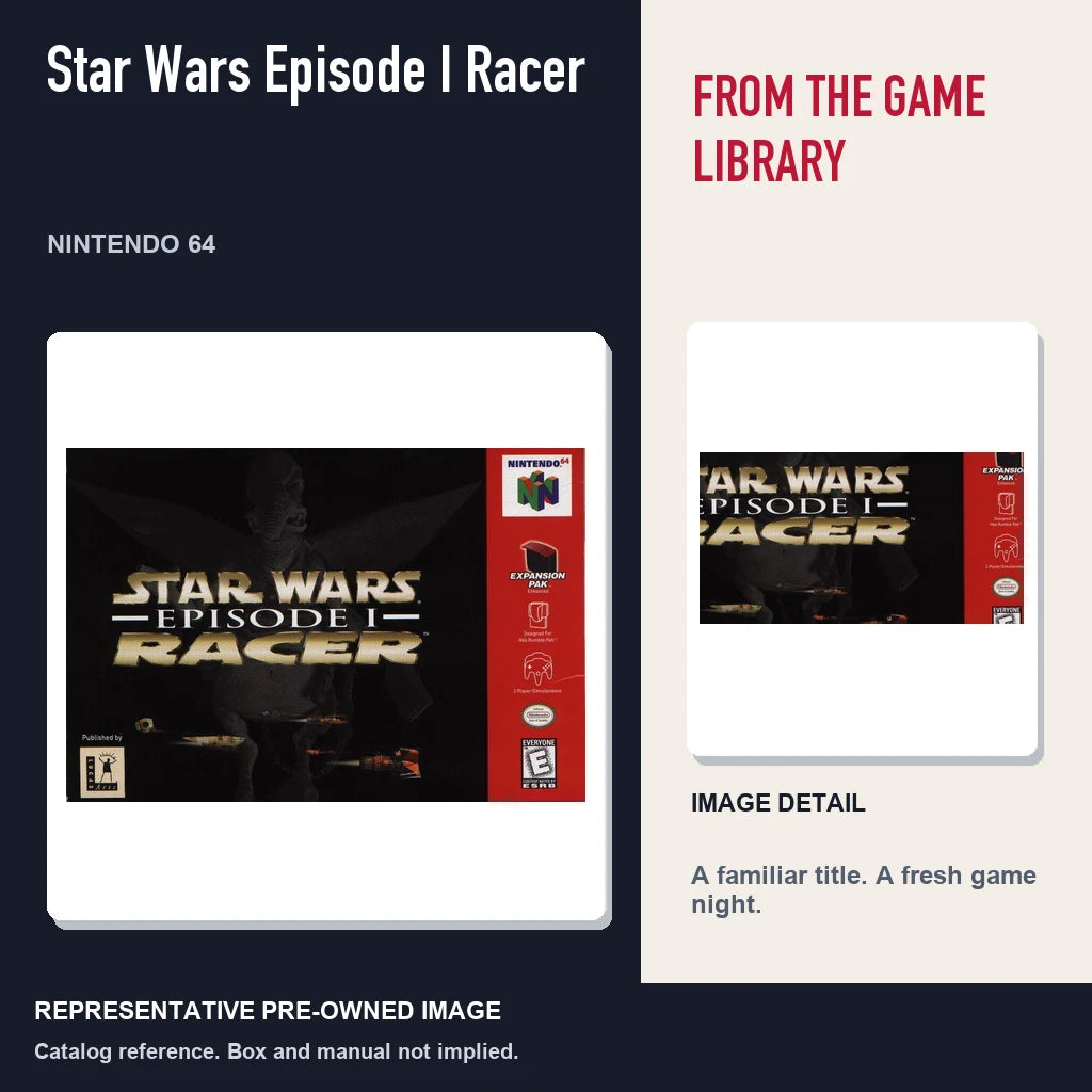 Representative pre-owned Star Wars Episode I Racer (Nintendo 64), editorial image and detail.
