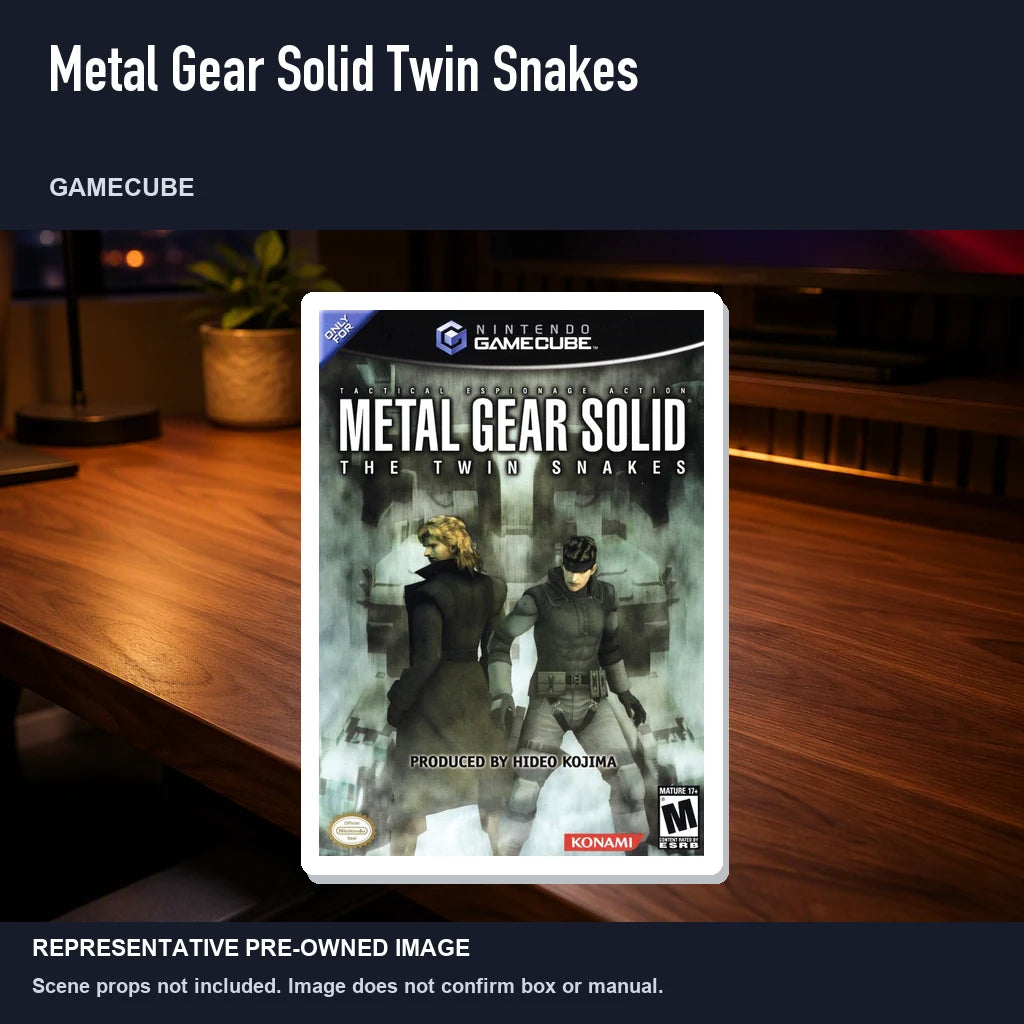 Representative pre-owned Metal Gear Solid Twin Snakes (GameCube), product image in a styled desk scene.