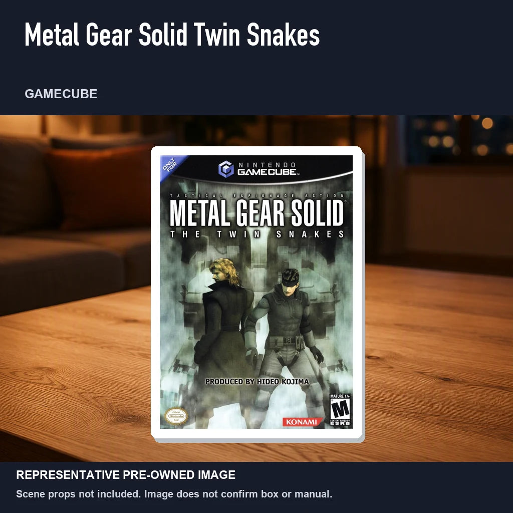 Representative pre-owned Metal Gear Solid Twin Snakes (GameCube), product image in a styled room scene.