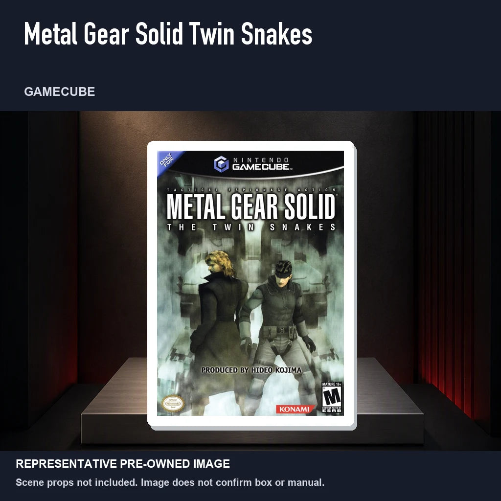 Representative pre-owned Metal Gear Solid Twin Snakes (GameCube), product image on a display panel.