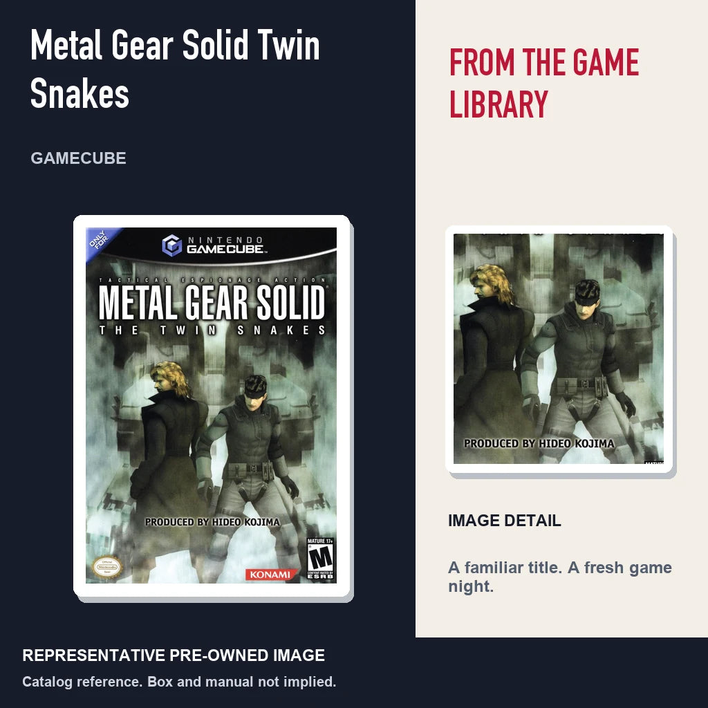 Representative pre-owned Metal Gear Solid Twin Snakes (GameCube), editorial image and detail.