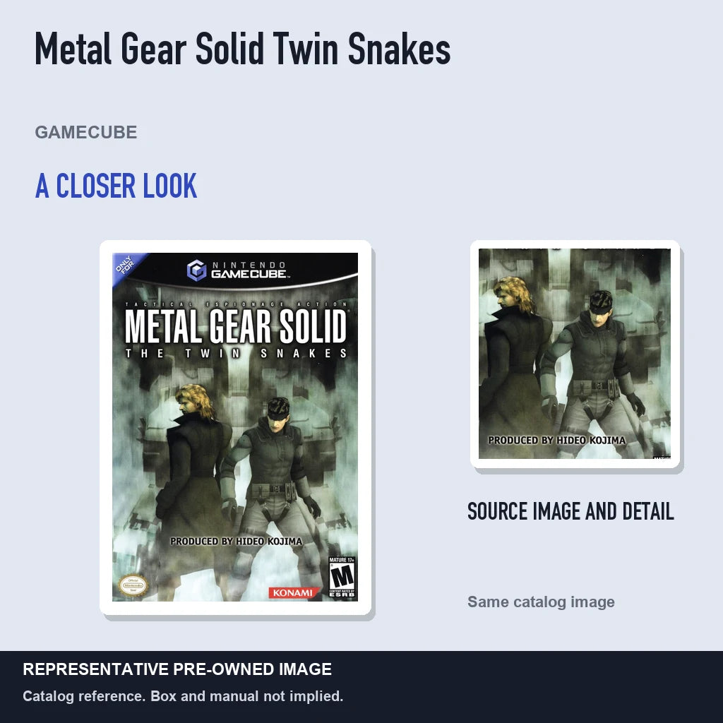Representative pre-owned Metal Gear Solid Twin Snakes (GameCube), full image with detail inset.
