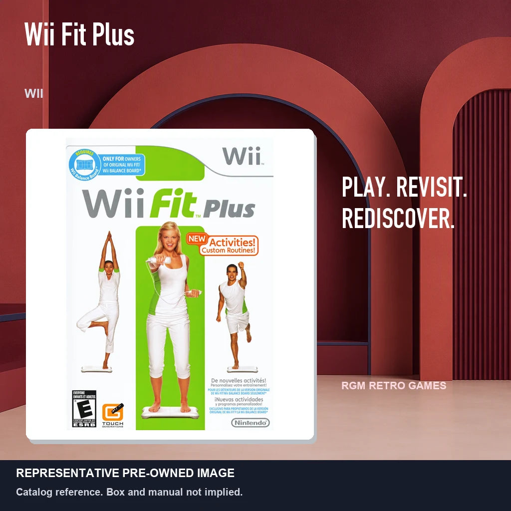 Representative pre-owned Wii Fit Plus (Wii), red retro product layout.