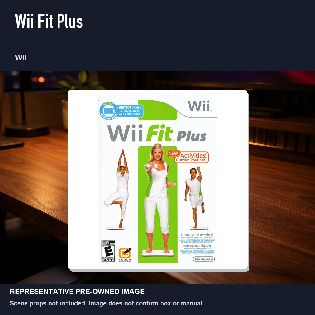 Representative pre-owned Wii Fit Plus (Wii), product image in a styled desk scene.