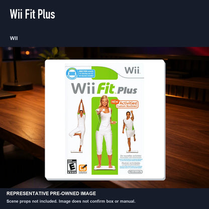 Representative pre-owned Wii Fit Plus (Wii), product image in a styled desk scene.