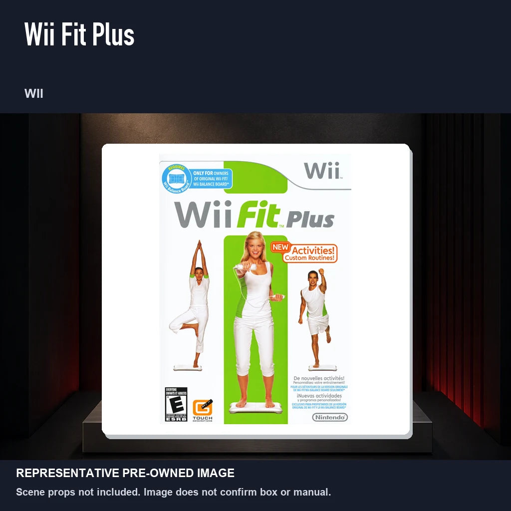 Representative pre-owned Wii Fit Plus (Wii), product image on a display panel.