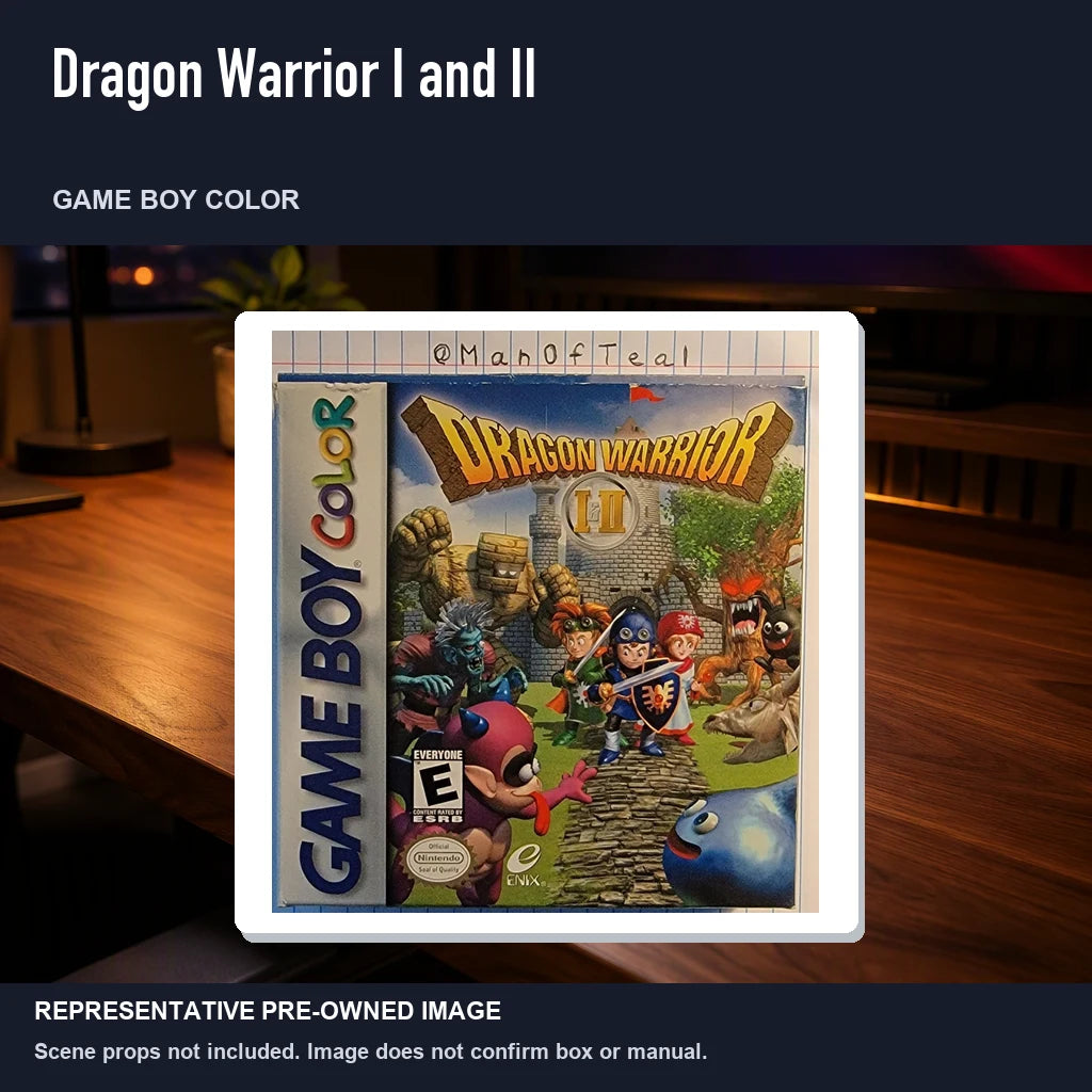Representative pre-owned Dragon Warrior I and II (Game Boy Color), product image in a styled desk scene.