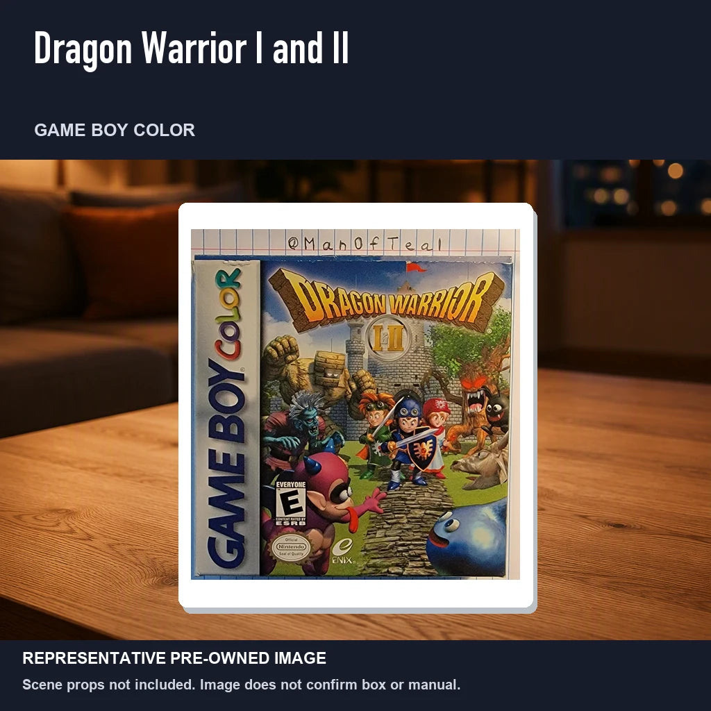 Representative pre-owned Dragon Warrior I and II (Game Boy Color), product image in a styled room scene.