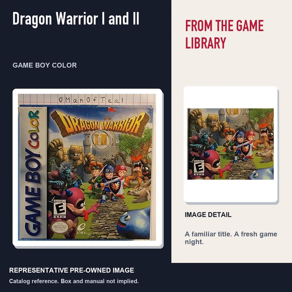 Representative pre-owned Dragon Warrior I and II (Game Boy Color), editorial image and detail.