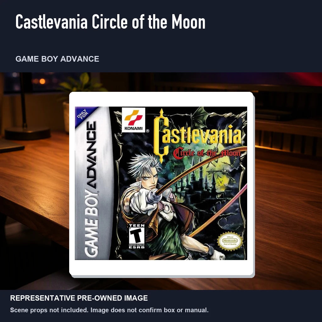 Representative pre-owned Castlevania Circle of the Moon (Game Boy Advance), product image in a styled desk scene.