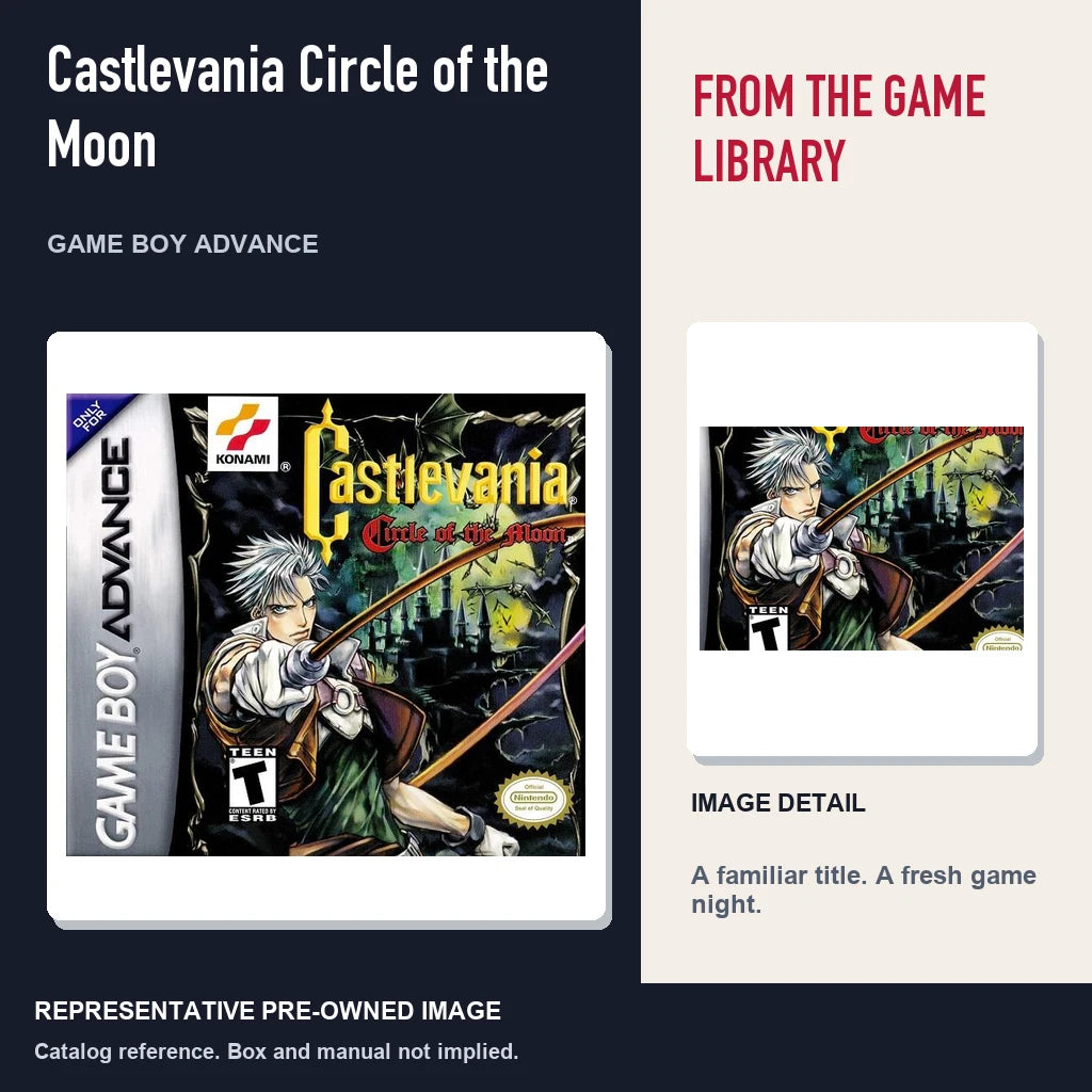 Representative pre-owned Castlevania Circle of the Moon (Game Boy Advance), editorial image and detail.